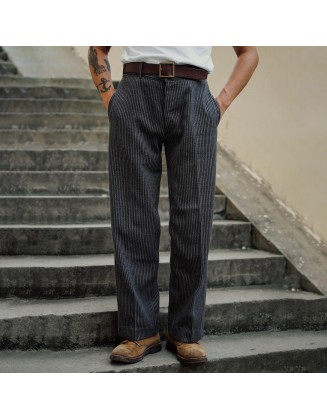 1930s French Tooling Striped Straight Retro Trousers